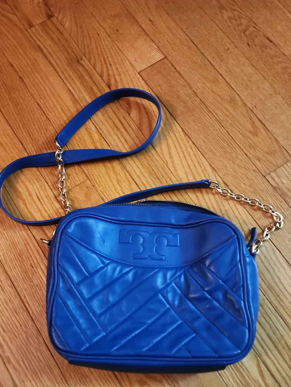 Tory Burch Alexa Royal Blue Quilted Leather Crossbody with Gold Chain